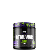 A container of TOTAL WAR PUMP non-stim pre-workout supplement by REDCON1 with a camouflage design on the label.
