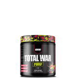 A container of TOTAL WAR PUMP non-stim pre-workout supplement by REDCON1 with a camouflage design on the label.