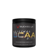 A container of Bucked Up Original BCAA supplement powder with the text 'BRANCHED CHAIN AMINO ACIDS' and the ratio '2:1:1' displayed on the front.