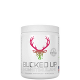A container of Bucked Up Non-Stimulant Pre-Workout supplement with a white background and a purple logo of a deer head