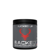A container of RACKED Branched Chain Amino Acids supplement with a green deer logo and the text 'Bucked Up' on the label.