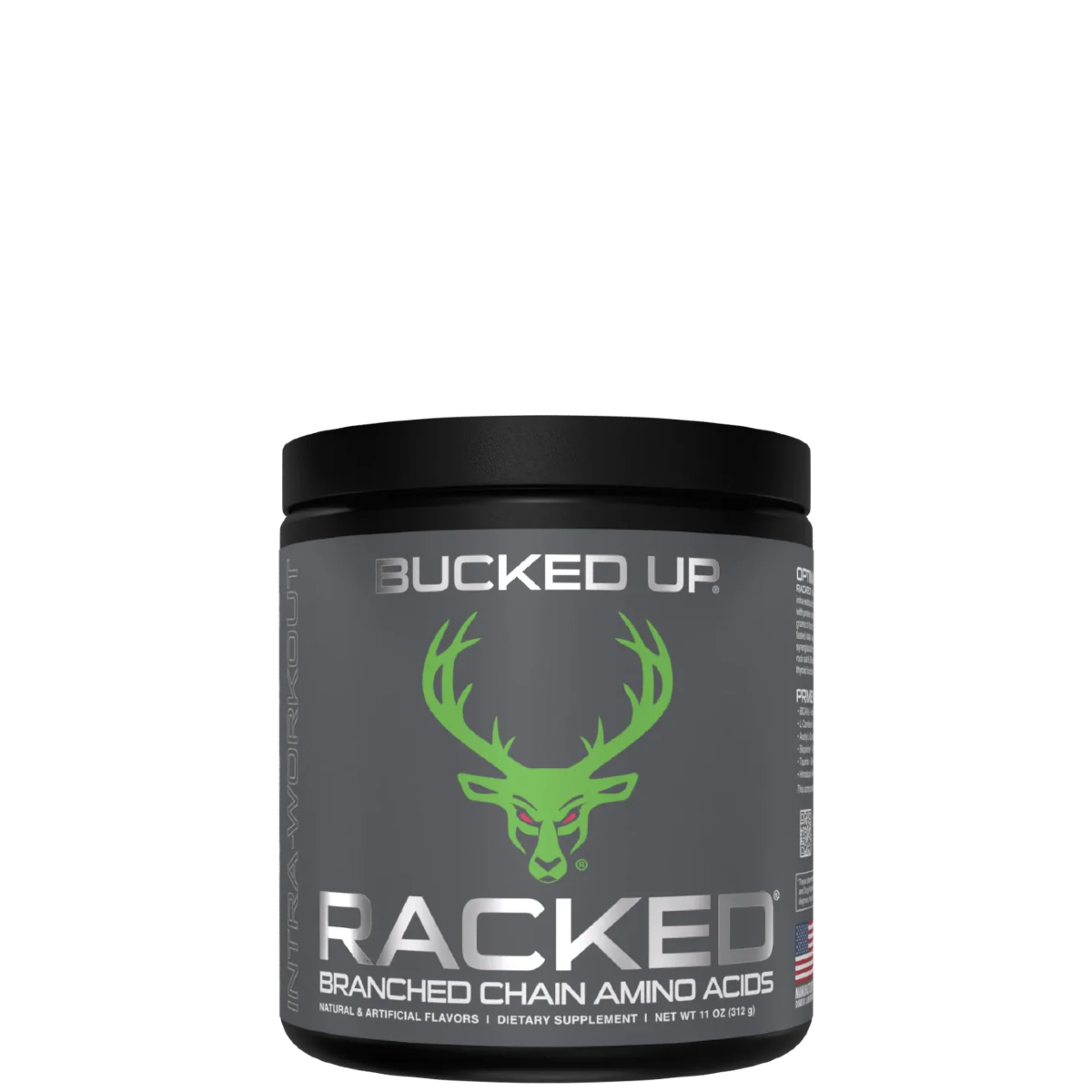 A container of RACKED Branched Chain Amino Acids supplement with a green deer logo and the text 'Bucked Up' on the label.