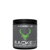 A container of RACKED Branched Chain Amino Acids supplement with a green deer logo and the text 'Bucked Up' on the label.