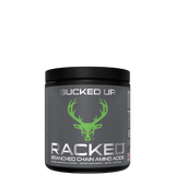 A container of RACKED Branched Chain Amino Acids supplement with a green deer logo and the text 'Bucked Up' on the label.