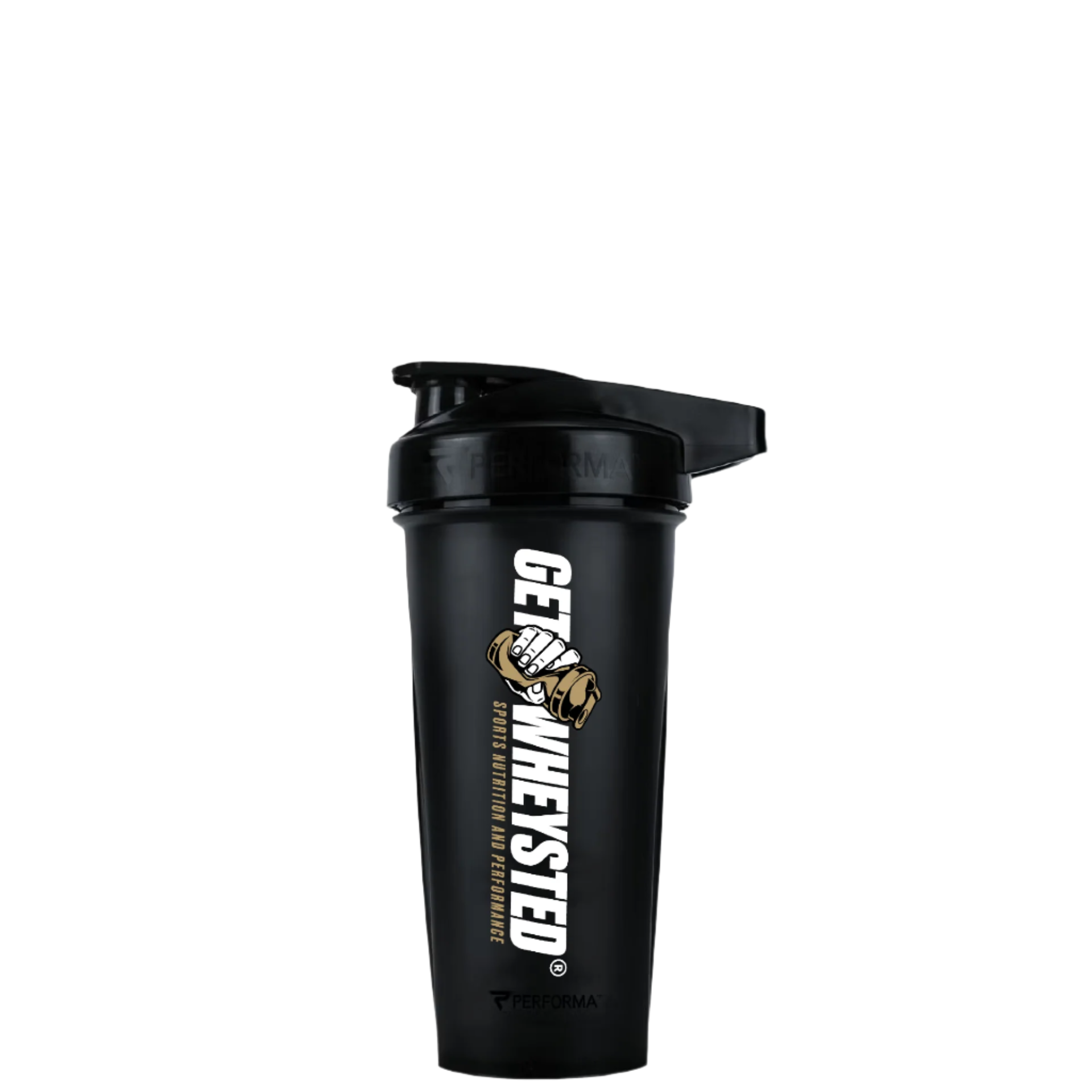 Black shaker cup with a lid and label that reads 'GET WHEYSTED'.