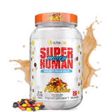 A container of Superhuman Protein powder with various flavors represented visually, such as cookies and cream and caramel, alongside graphical elements like a splash of milk and nuts.