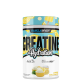 Creatine + Hydration supplement container with watermelon and strawberry design, branded by MuscleSport.