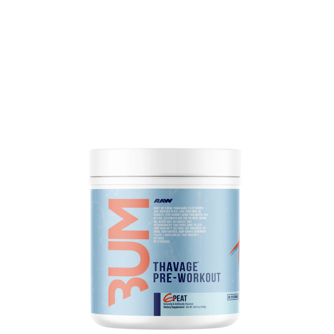 A container of Thavage Pre-workout supplement with branding and product information on the label.