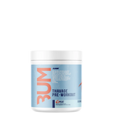 A container of Thavage Pre-workout supplement with branding and product information on the label.