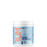 A container of Thavage Pre-workout supplement with branding and product information on the label.