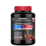 A container of QuickMass mass gainer protein powder by AllMax Nutrition in chocolate flavor.