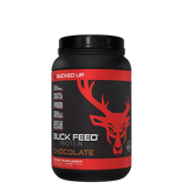 A container of Buck Feed ALL NATURAL Protein powder in chocolate flavor with a red deer logo.