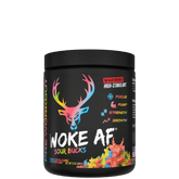 A container of Woke AF pre-workout supplement with a colorful design featuring a deer head and text indicating high stimulant.