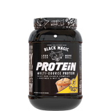 A container of Black Magic Supply Multi-Source Protein powder with a label showing the product name and an image of a shaker cup with the same brand.