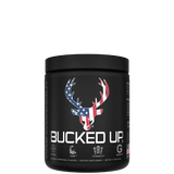 A container of Bucked Up Pre-Workout supplement with a black background featuring a white silhouette of a deer and text indicating the product name and flavor, along with icons suggesting energy and focus.