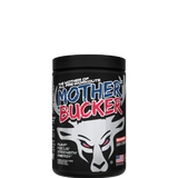 A container of Mother Bucker Pre-Workout supplement with a colorful graphic design.