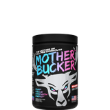 A container of Mother Bucker Pre-Workout supplement with a colorful graphic design.