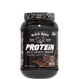 A container of Black Magic Supply Multi-Source Protein powder with a label showing the product name and an image of a shaker cup with the same brand.