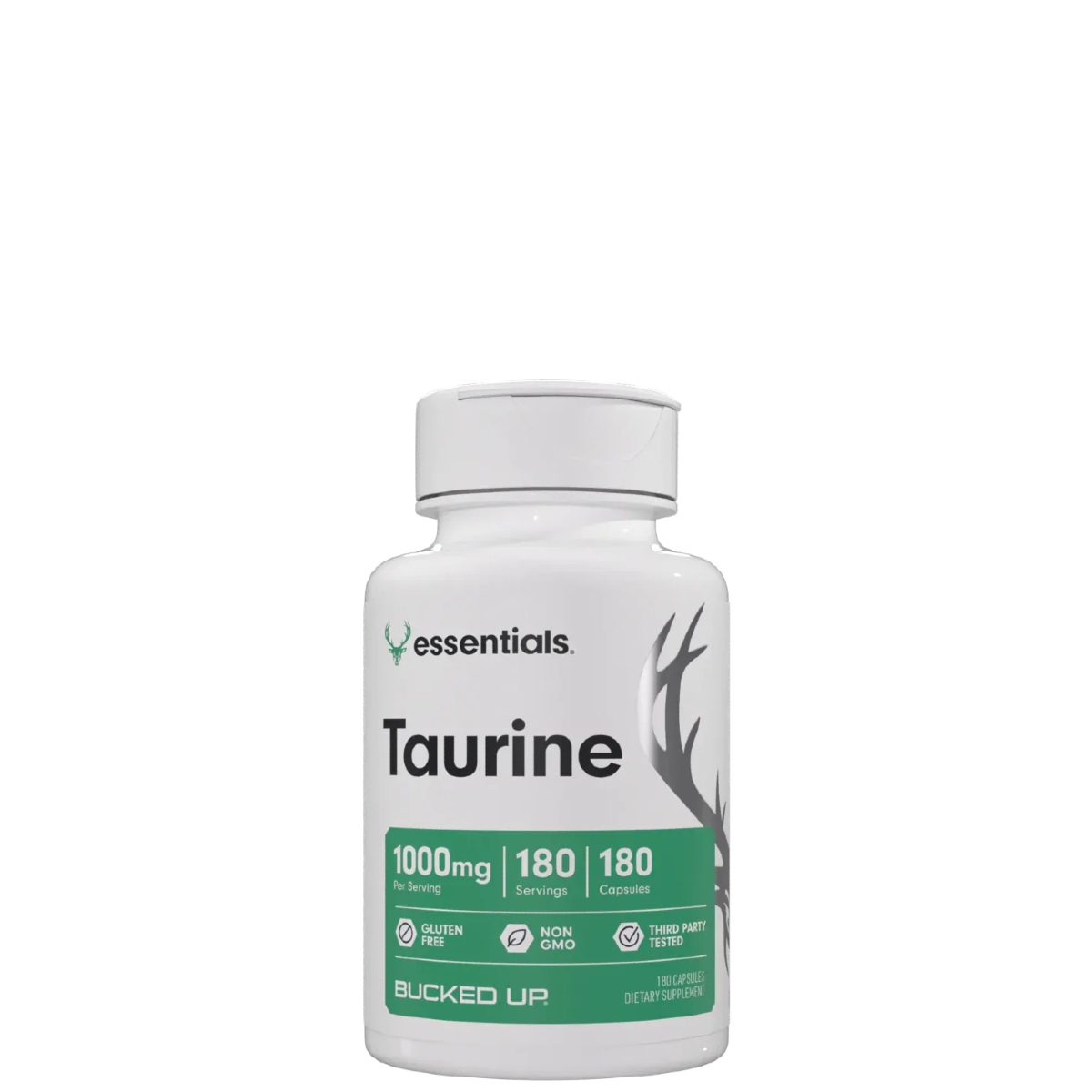 A bottle of Taurine supplements with the label showing the product name and strength, 1000mg 180 tablets.