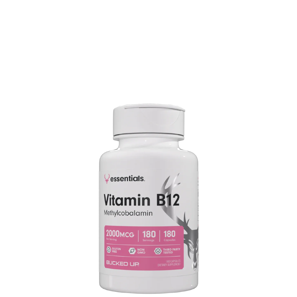 A bottle of Vitamin B12 supplement with the label showing the product name and dosage.