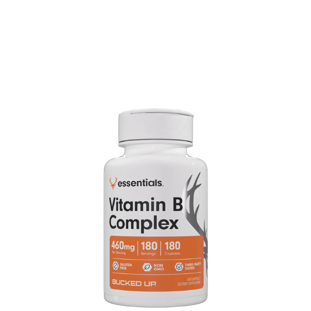 A bottle of essentials Vitamin B Complex supplement with the label showing the product name and the strength of 460mg per 180 capsules.