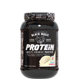 A container of Black Magic Supply Multi-Source Protein powder with a label showing the product name and an image of a shaker cup with the same brand.