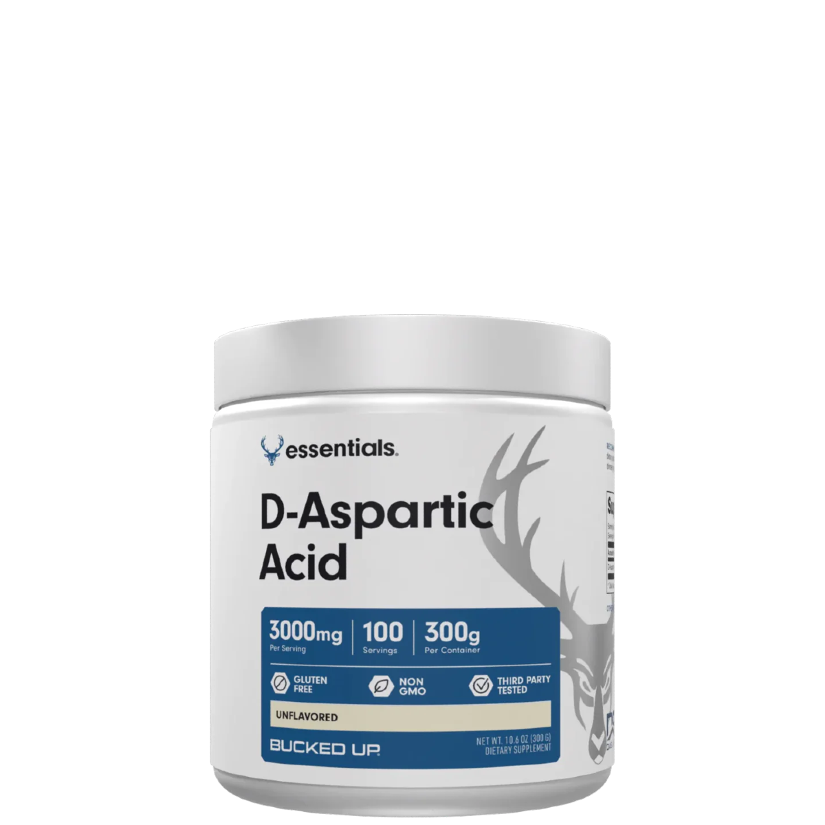 A container of D-Aspartic Acid supplement with branding and dosage information.