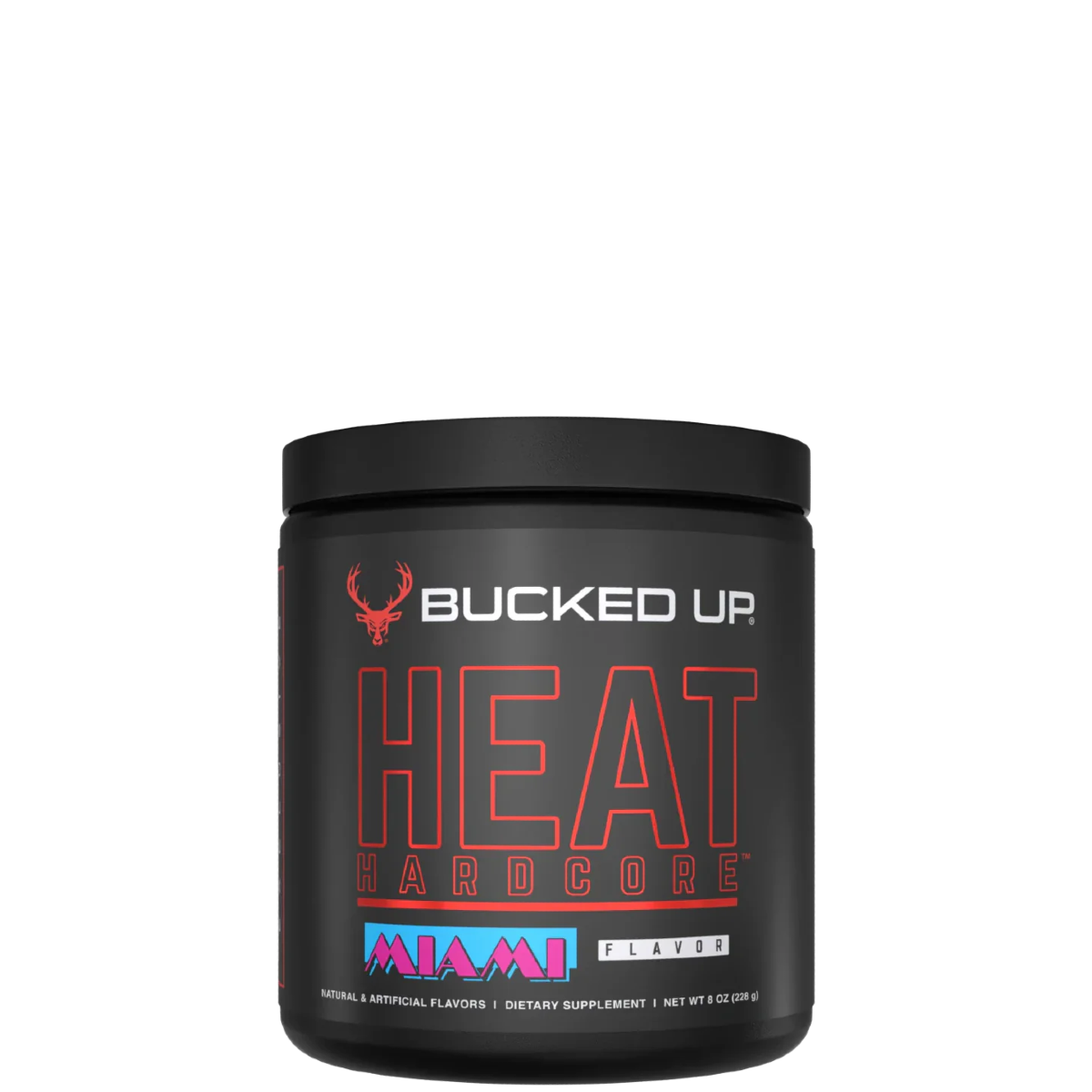 A container of HEAT Hardcore Powder supplement with the brand logo and product name displayed on the front.