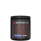 A container of HEAT Hardcore Powder supplement with the brand logo and product name displayed on the front.
