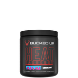 A container of HEAT Hardcore Powder supplement with the brand logo and product name displayed on the front.