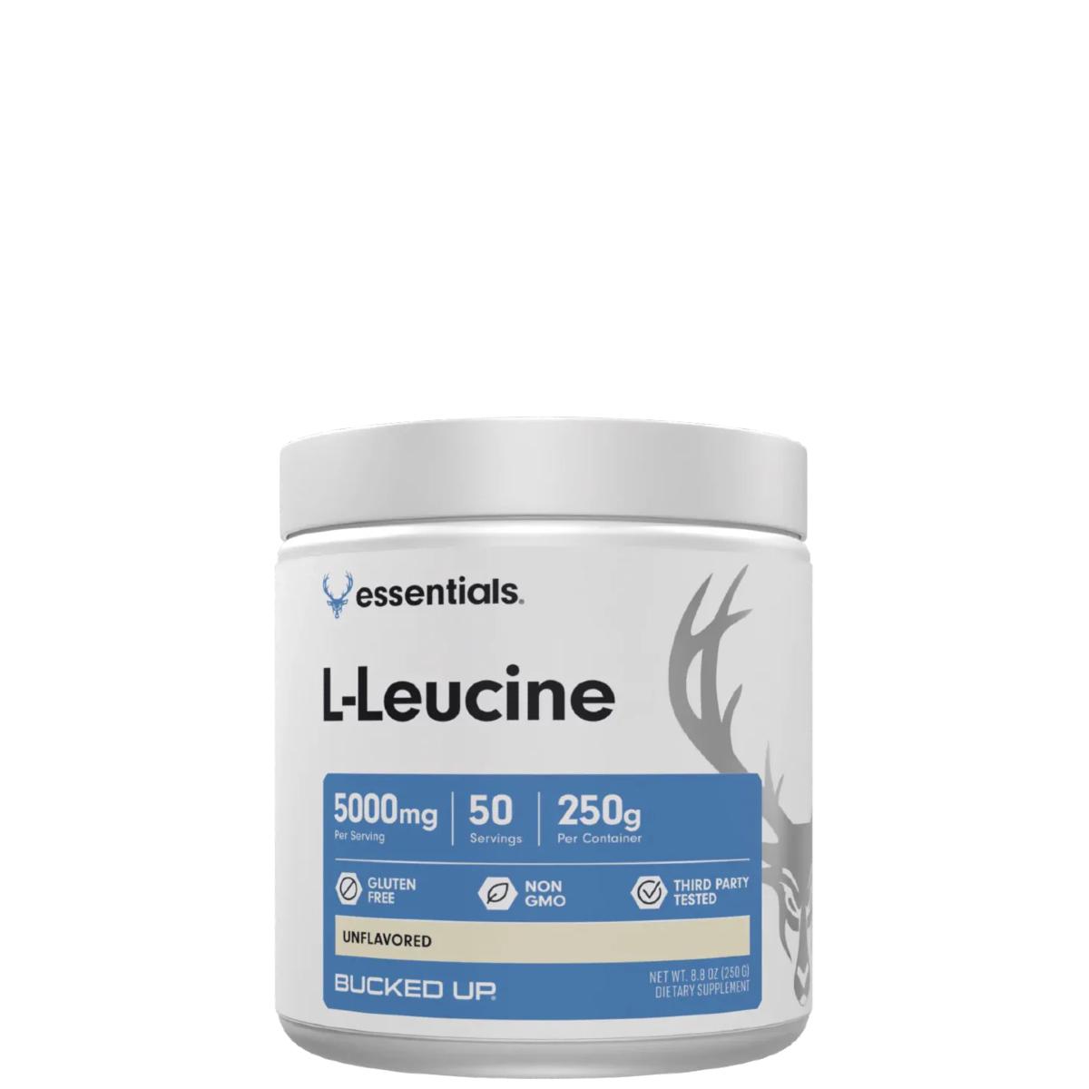 A container of L-Leucine, an amino acid supplement, with branding and dosage information on the label.
