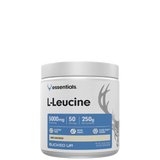 A container of L-Leucine, an amino acid supplement, with branding and dosage information on the label.