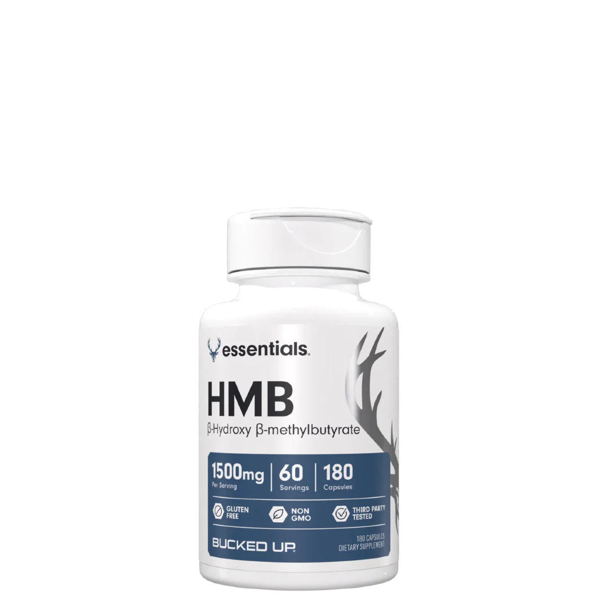 A bottle of Bucked Up HMB (hydroxy γ methylbutyrate) capsules with 180 capsules inside, each containing 1500mg of the supplement.