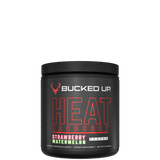 A container of HEAT Hardcore Powder supplement with the brand logo and product name displayed on the front.