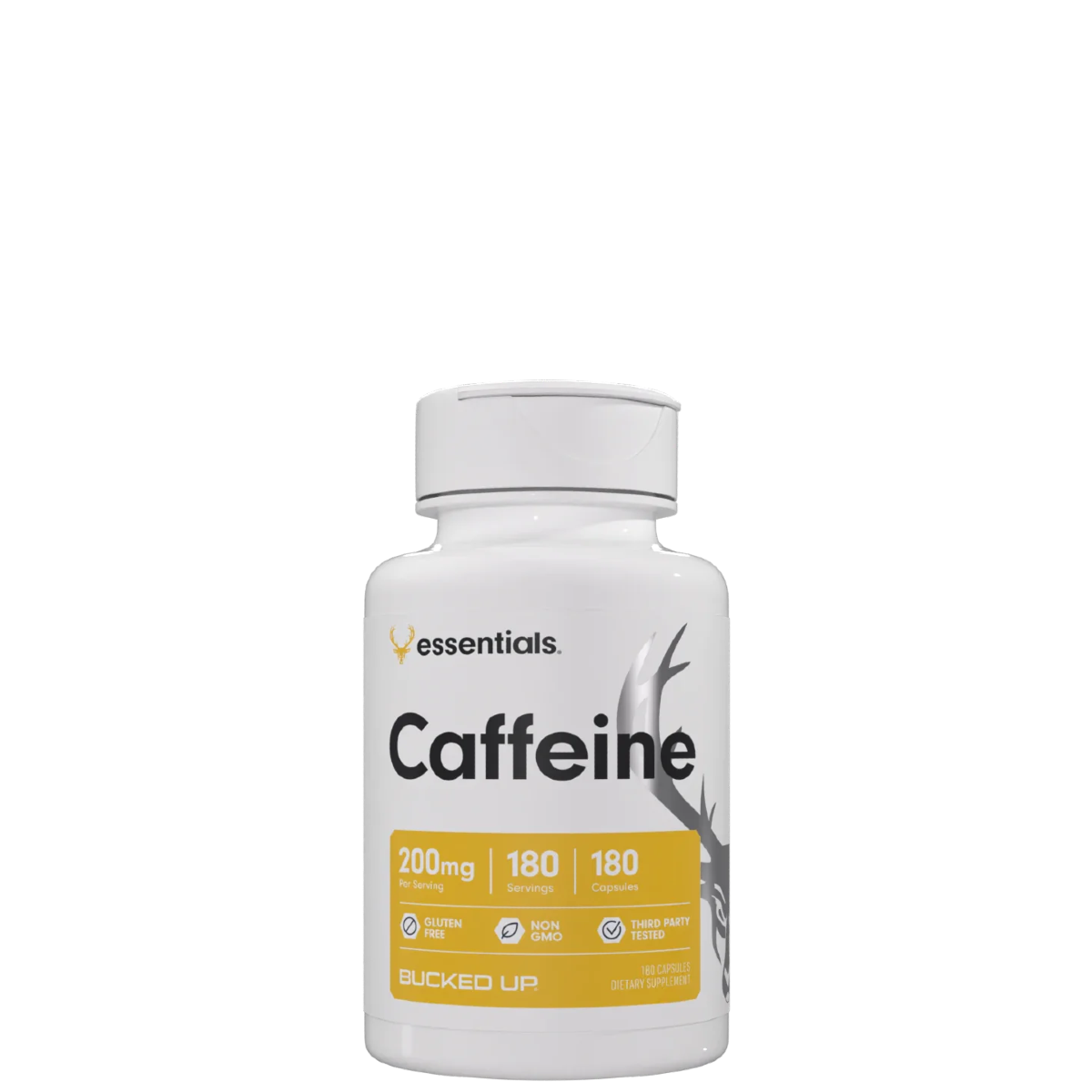 A bottle of Bucked Up Caffeine supplement with 200mg of energy, against a white background.