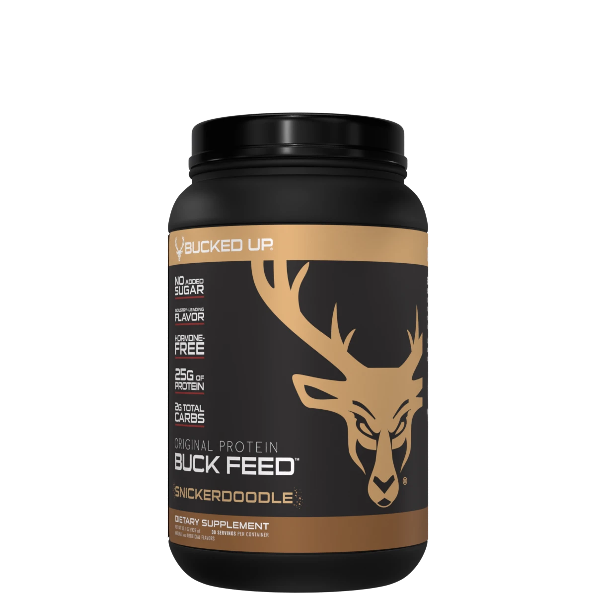 A container of Bucked Up Original Buck Feed protein powder with a deer logo on the label.