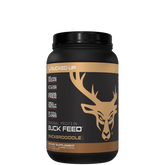 A container of Bucked Up Original Buck Feed protein powder with a deer logo on the label.