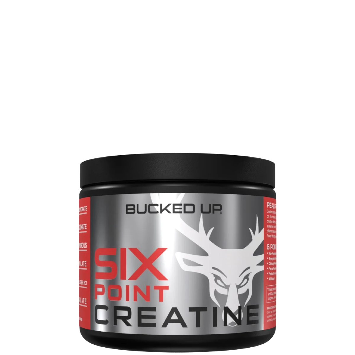 A container of Bucked Up Six Point Creatine with a black and red color scheme and a white graphic of a deer head on the front.