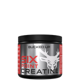 A container of Bucked Up Six Point Creatine with a black and red color scheme and a white graphic of a deer head on the front.