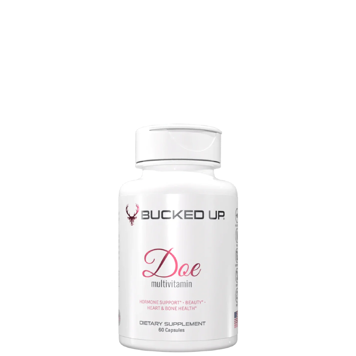A white bottle with a pink label, displaying the product name 'Doe' and the brand 'Bucked Up', indicating it is a full spectrum vitamin formula.