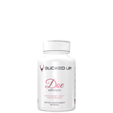 A white bottle with a pink label, displaying the product name 'Doe' and the brand 'Bucked Up', indicating it is a full spectrum vitamin formula.