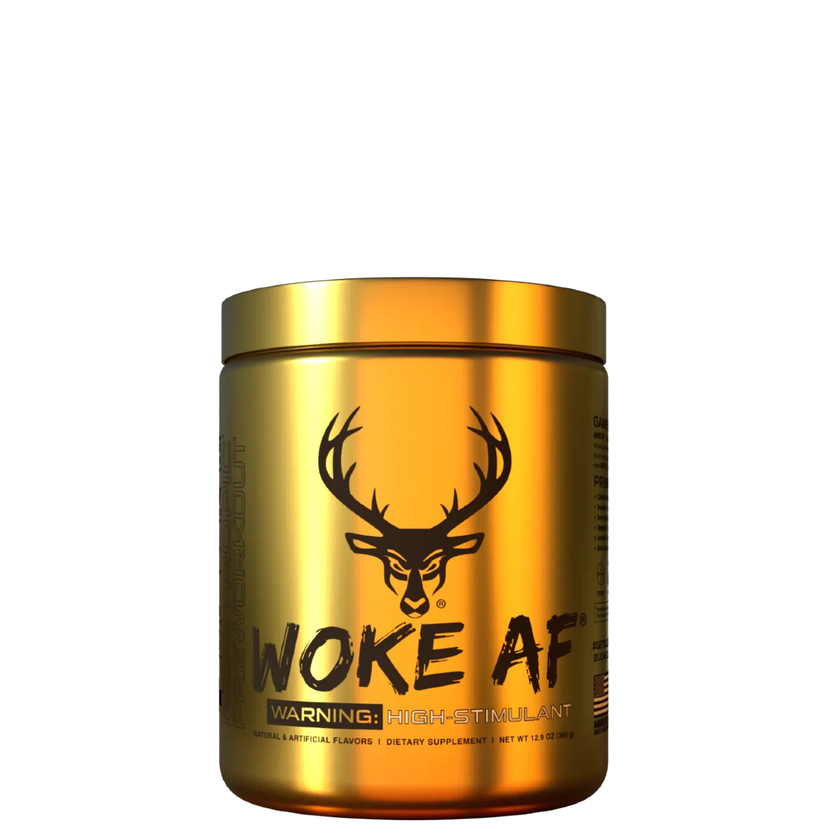 A container of Bucked Up Woke AF pre-workout supplement in a gold color with a deer logo and text on the label.