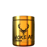 A container of Bucked Up Woke AF pre-workout supplement in a gold color with a deer logo and text on the label.