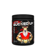 A container of Bucked Up Pre-Workout supplement with a black background featuring a white silhouette of a deer and text indicating the product name and flavor, along with icons suggesting energy and focus.