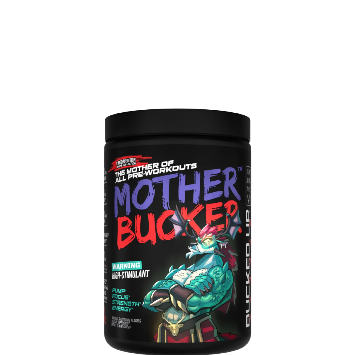 A container of Mother Bucker Pre-Workout supplement with a colorful graphic design.