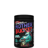 A container of Mother Bucker Pre-Workout supplement with a colorful graphic design.