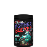 A container of Mother Bucker Pre-Workout supplement with a colorful graphic design.