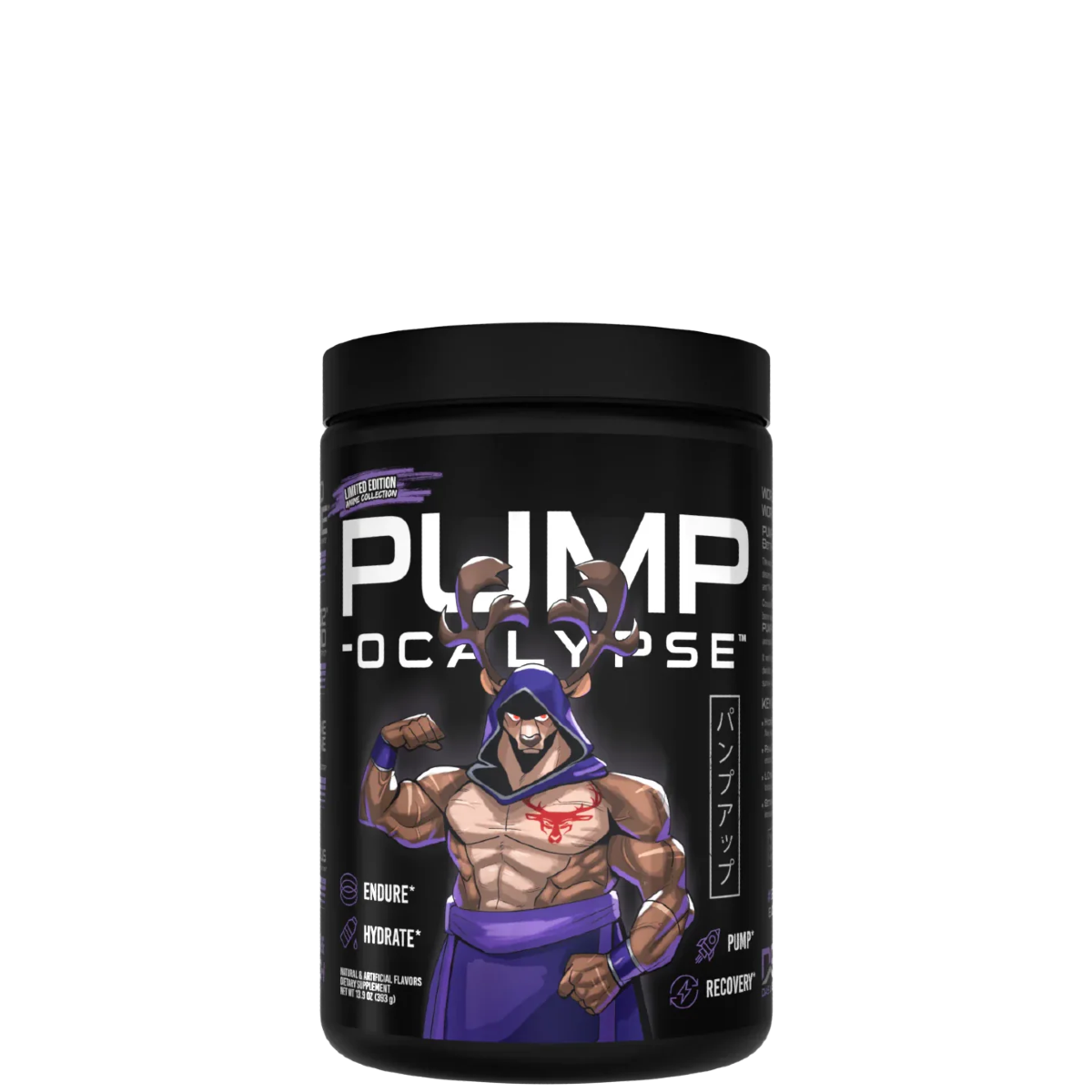 A container of PUMP-OCALYPSE supplement with an illustrated character on the label.