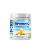 A container of Evoburn Elite Thermogenic Powder with a blue and white label, featuring an image of two glasses of a orange-colored beverage.