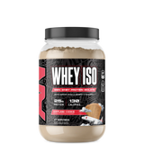 A container of ABE ISO Whey Protein Isolate with a label showing 'WHEY ISO' and the flavor 'ICE CREAM SANDWICH'. The container is white with black and blue text and design elements.